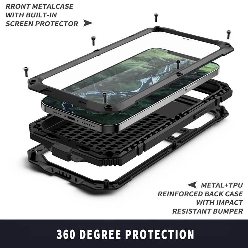 Full-Body Rugged Armor Shockproof Protective Case for iPhone 14 Plus 13 12 11 Pro Max Mini Kickstand Aluminum Metal Glass Cover