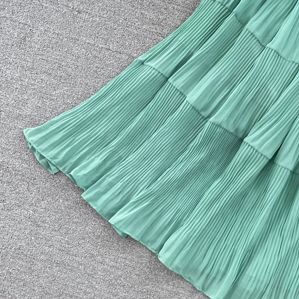 Women Vintage Off Shoulder Dress Chiffon Summer Sweet Lotus Leaf Edge Elegant Pleated Dresses Ladies Evening Party Long Dress