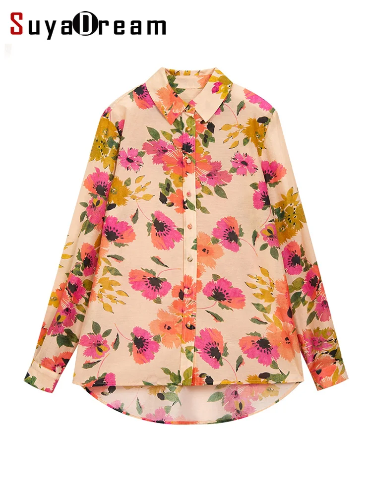 SuyaDream Woman Floral Shirts 30%Silk 70%Cotton Long Sleeves French style Blouses 2022 Spring Autumn Printed Top Blue Pink