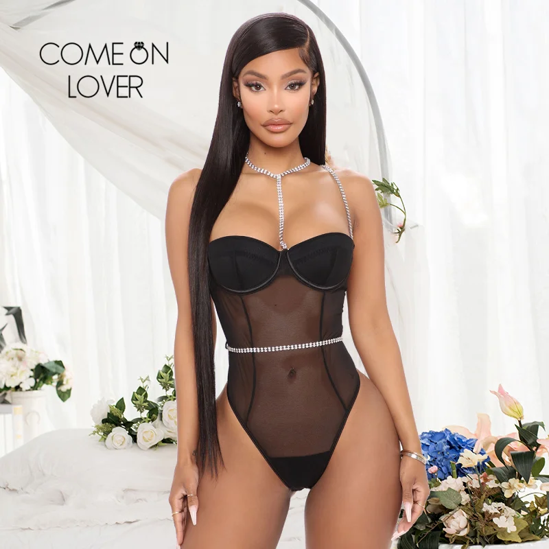 Comeonlover One piece Bodysuits For Women Black Lace Skinny Jumpsuits