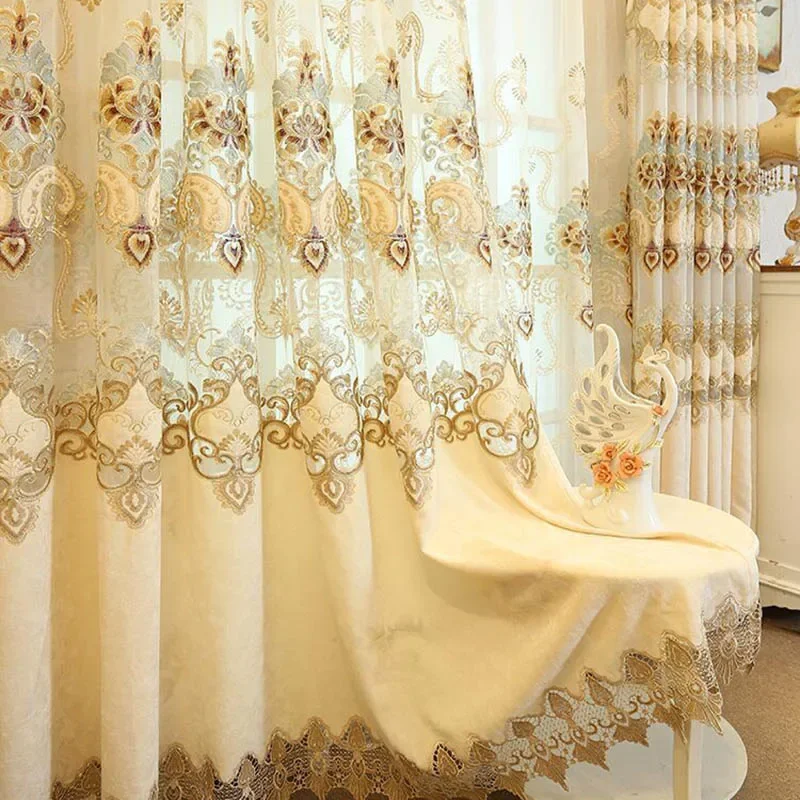 

Luxury European Hollow Beige Blackout Curtains ,Exquisite Embroidered Gauze Curtains For Living Rooms bedrooms windows curtains