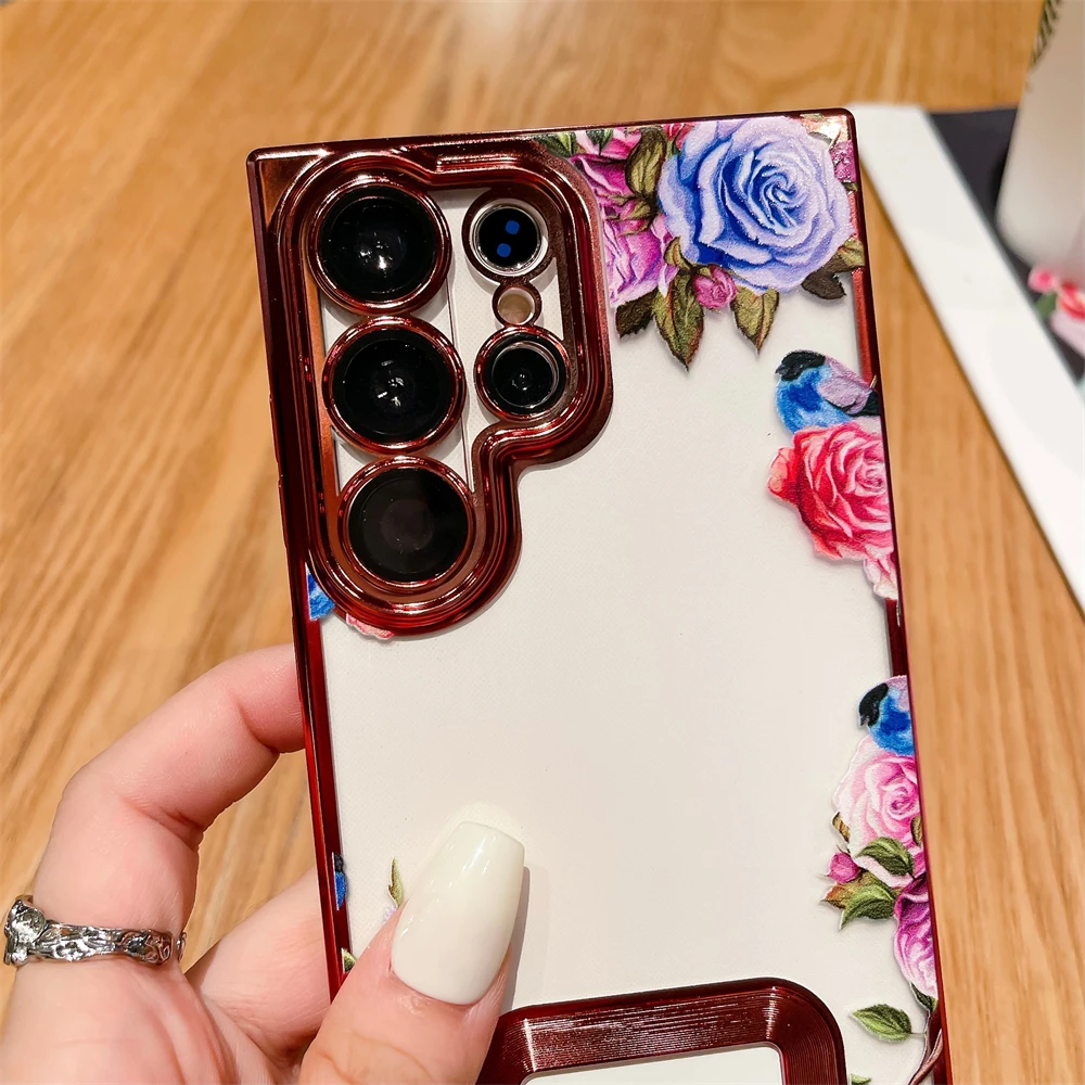 For Samsung S23 Ultra Luxury Plating Logo Hole Case For Samsung Galaxy S23 Ultra S22 Plus Flower Camera Film Transparent Cover- S67b258df9d784f35a9013ab4b4413671G