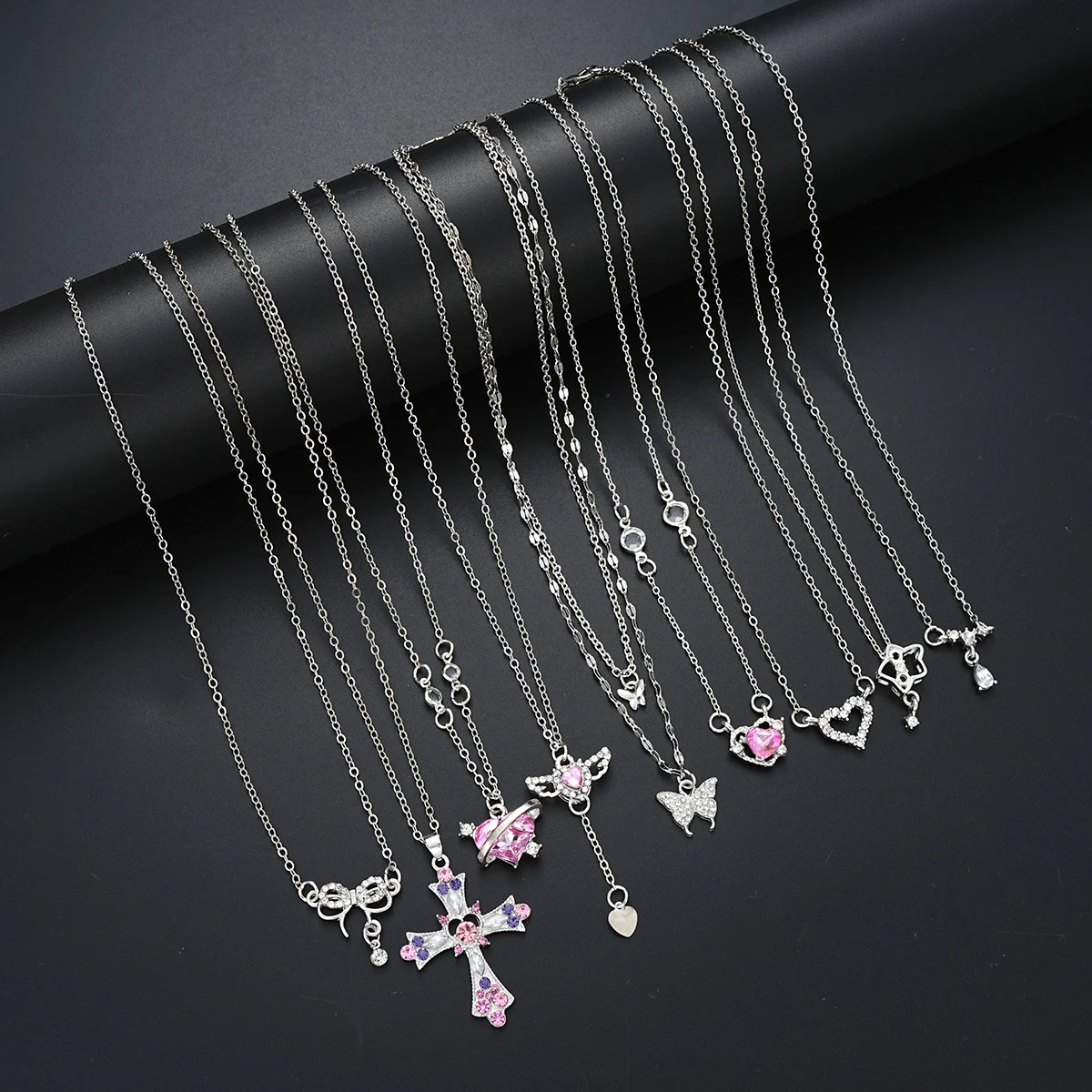 9 Pcs Gothic Y2K Pink Cross Heart Pendant Chain Choker Necklace Set For Women Girl Hip Hop Punk Charms Aesthetic Jewelry Gifts