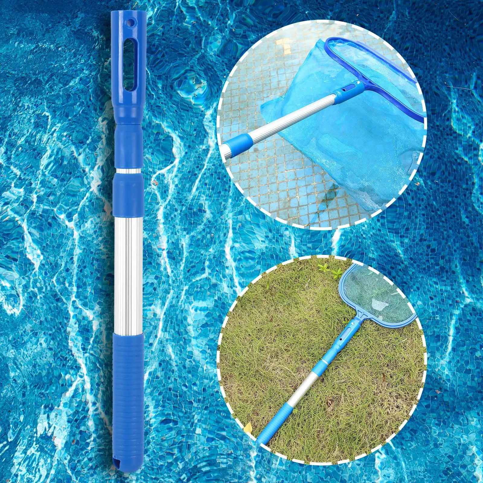 Multifunctional Pool Handle 3 Stage Non Slip Ribbed Finish 40-1130mm Extendable Lightweight Pool Rod for Vacuum Heads Nets