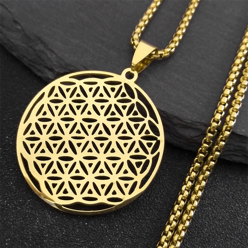 Virágos bel Élet Rozsdamentes Acél stv Nyakdísz számára Nők férfiak Arany színben Mandala metatron necklaces ékszer collares Para mujer