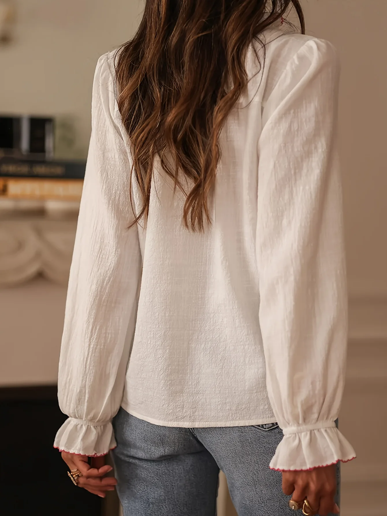 Spring and Autumn Women's Clothing New Street Style Lace V-Neck Cardigan Flared Sleeve Shirt Fashion Printed Splicing Top