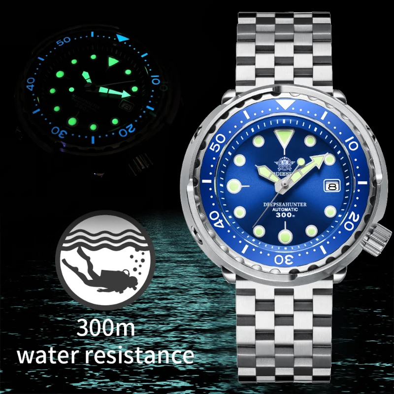 ADDIESDIVE Men's Mechanical Diver's Watch C3 luminous 300m Waterproof Sapphire NH35 Automatic Wristwatch Steel Tuna