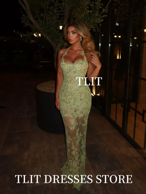 TLIT Sexy Light Green Lace Mermaid Long Evening Dresses Sleeveless Halter Prom Gowns Customized Sweetheart   فساتين 3