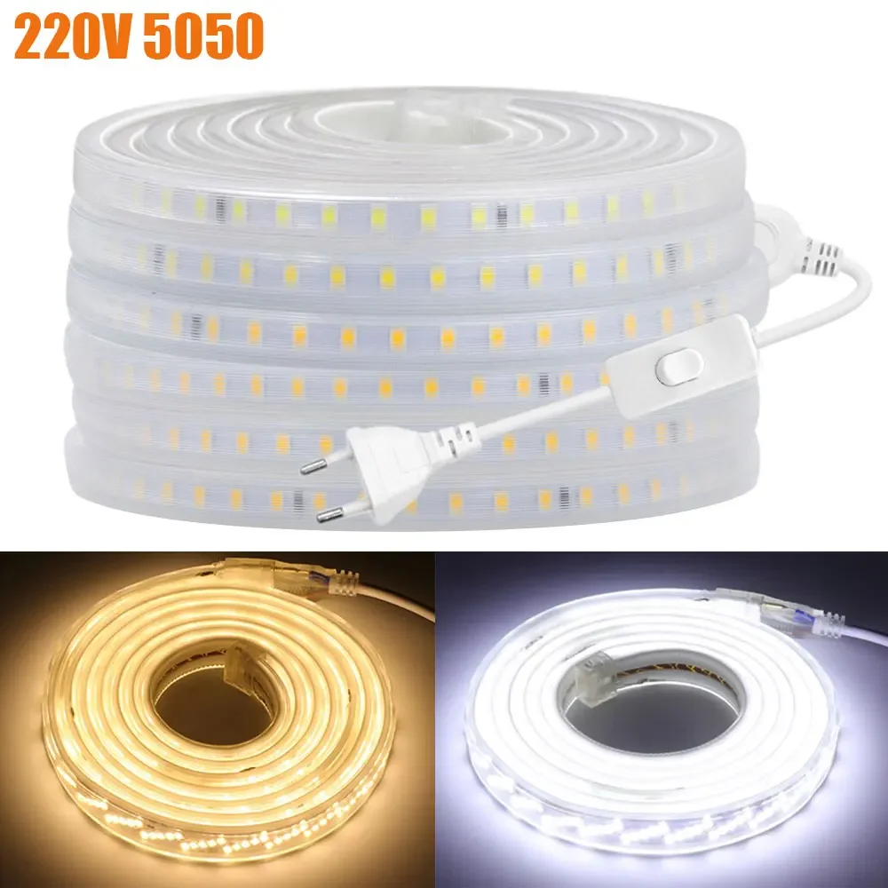 

Led 220V Strip Light SMD 5050 60LEDs/m Flexible Outdoor Lamp Waterproof LED Tape With EU Power Plug Ribbon Home Decor Warm White