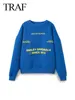 TRAF 2024 Spring New Women's Sports Pullover Round Neck Loose Long Sleeves Letter Print Blue Woman Sweatshirt Wild Streetwear 2