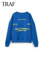 TRAF 2024 Spring New Women's Sports Pullover Round Neck Loose Long Sleeves Letter Print Blue Woman Sweatshirt Wild Streetwear 2
