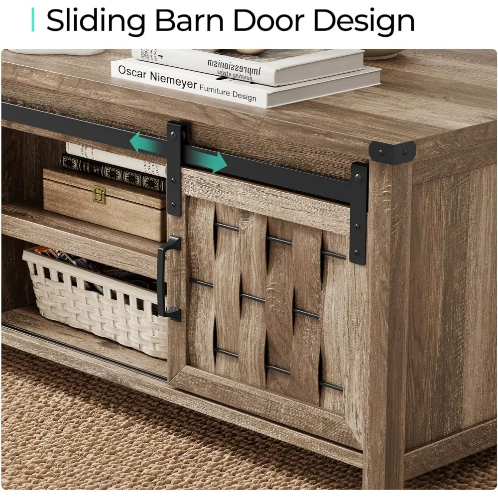 47" Coffee Table Storage Sliding Barn Doors Farmhouse Industrial Cocktail Table Adjustable Shelves Rect