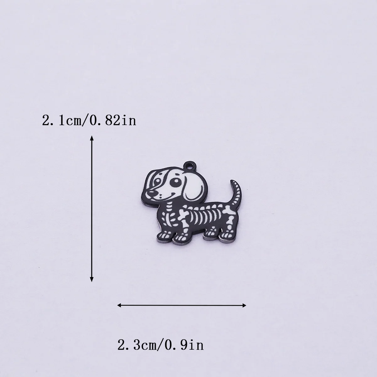 Flat stainless steel dachshund dog charms featuring a detailed cartoon skeleton pattern for Halloween jewelry crafts.