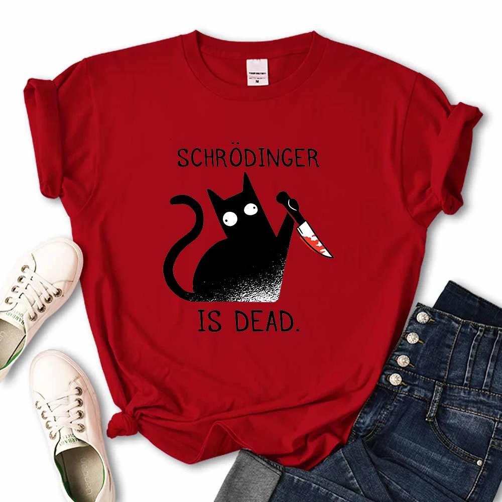 Females T-Shirts Schrodinger Is Dead Cartoon Black Cat Print T Shirt Women Oversized Soft Snug Loose Tees Comfortable Funny Tops