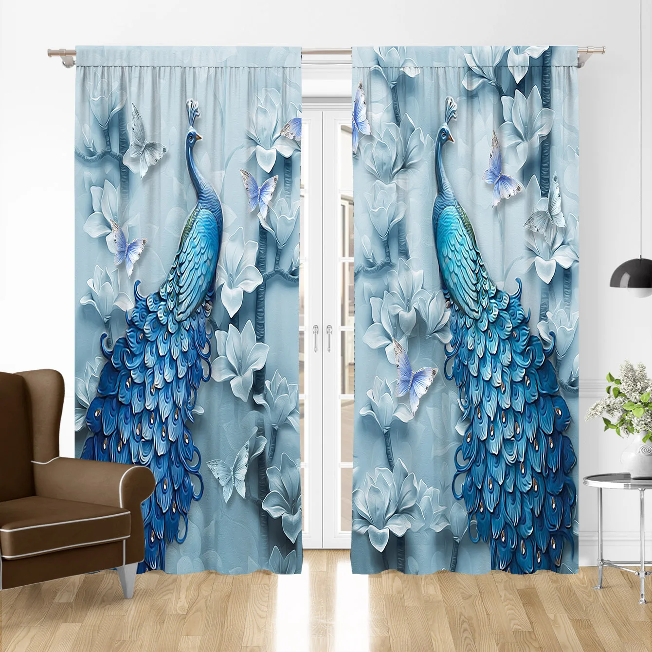 

Blue Peacock With Flower Peafowl Window Curtains for Living Room Luxury Bedroom Divider Left and Right 2panel