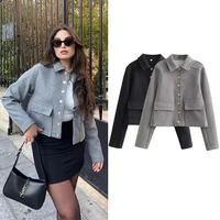 HXAO Women's Aviator Black Jacket Wool & Blends Coats Cropped Bomber Jacket  Autumn Winter Demi-season Crop Jacket Outerwears