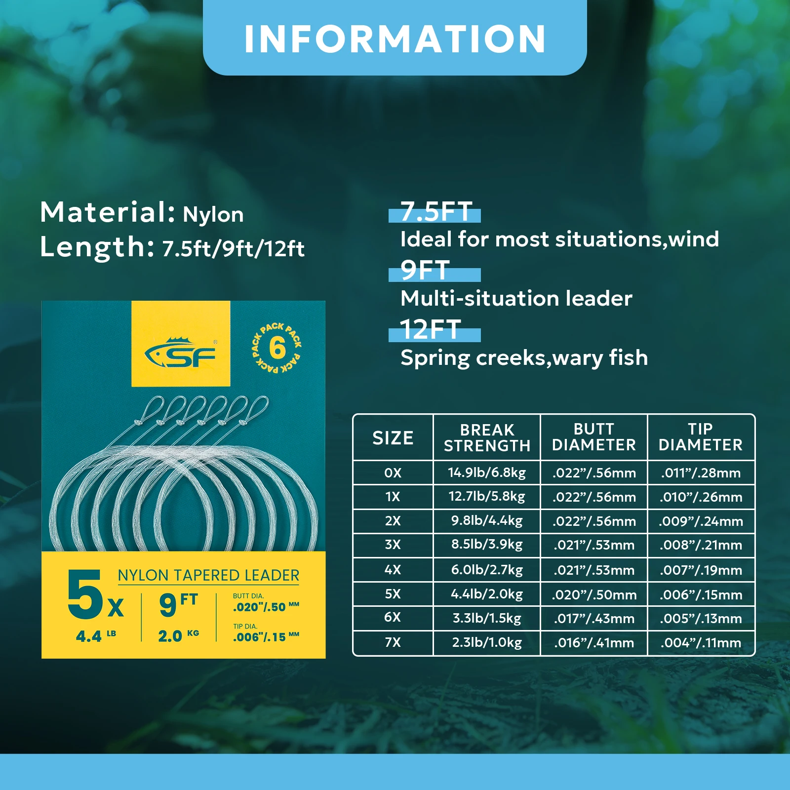 SF 6PCS Nylon Tapered Leader Fly Fishing Line with Pre-tied  Loop/ Welded Loop 7.5FT 9FT 12FT 0-7X 2