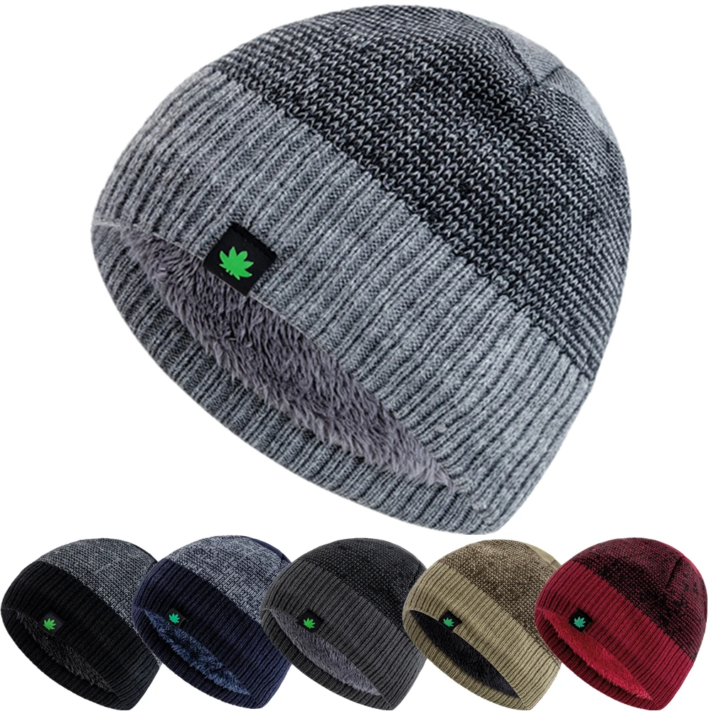 Hot Sale Unisex Leaf Labal Winter Hats Fashion Knitted Hats For Men Women Beanie Cap Outdoor Plush Fur Lined Warm Sports Hats