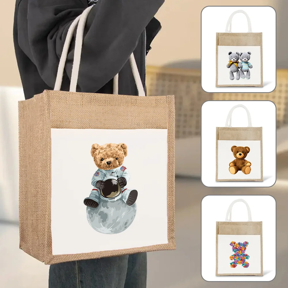 

Vintage Women Linen Tote Shopper Bag Cute Bear Printed Purses Large Summer Beach Handbags Portable Eco Top Handle Shopping Bags