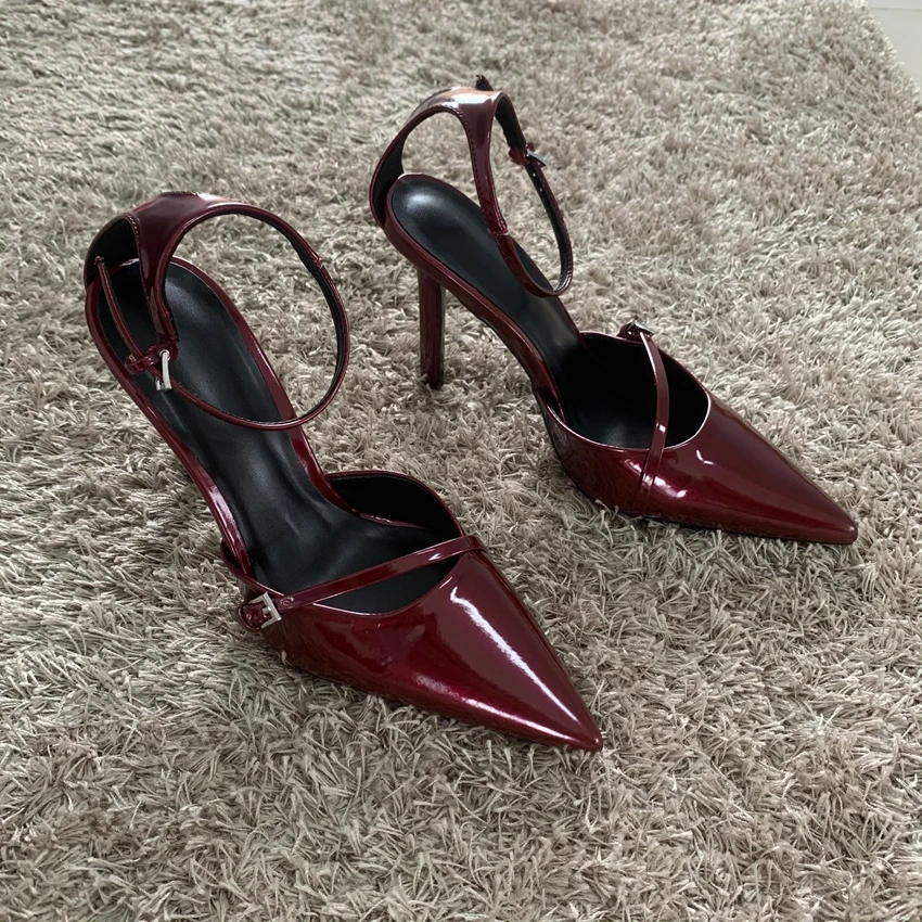 Fashion Dark Red Ankle Strap Pumps Women Point Head Patent Leather Stilettos Summer Sexy Thin High Heels Sandals For Woman 2