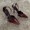 Fashion Dark Red Ankle Strap Pumps Women Point Head Patent Leather Stilettos Summer Sexy Thin High Heels Sandals For Woman 2