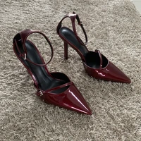 Fashion Dark Red Ankle Strap Pumps Women Point Head Patent Leather Stilettos Summer Sexy Thin High Heels Sandals For Woman 2