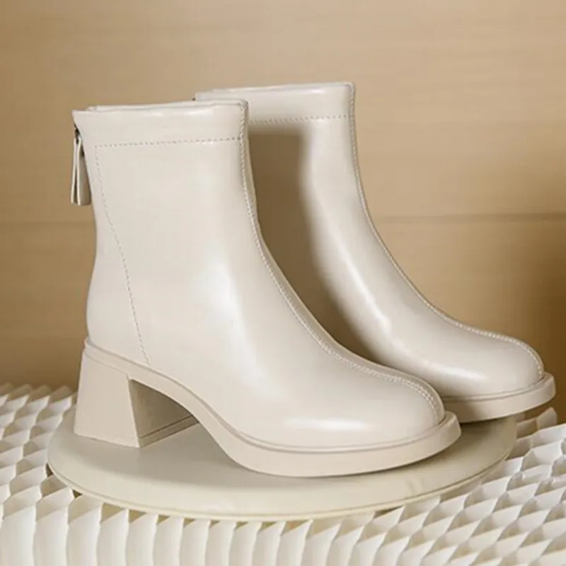 New Fashion Ankle Boots for Women High Heels Chunky Platform Stretch Fabric Square Toe White Sole Zipper Young Lady Booties 2023