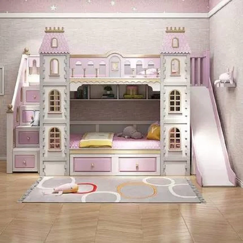Full solid wood children's bed, double layered bed, high and low two princesses, dreamy castle slide
