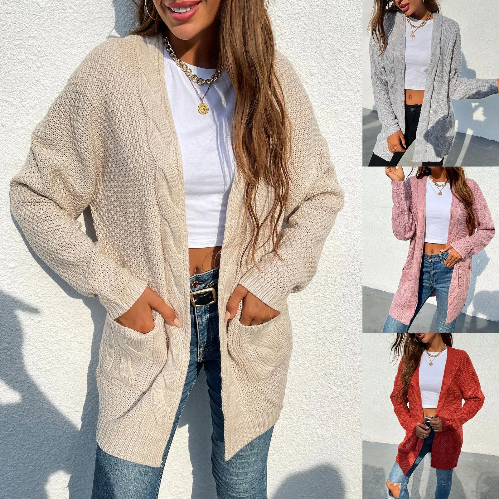 

Women's Dough Pocket Front Cardigan Medium Length Knitting Cardigan Coat