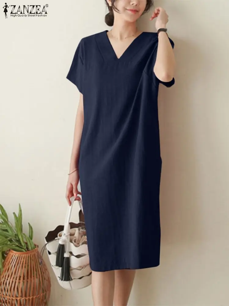 

2023 ZANZEA Elegant Casual Loose Vintage Cotton Knee-length Vestidos Summer Solid Color Women Dress Short Sleeve V-Neck Sundress