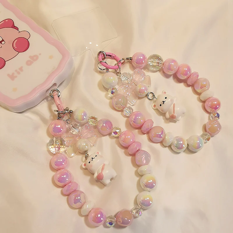 Handmade Frisado Colhedor do Telefone Móvel Pulseira Curta Pulseira Satchel Urso Boneca Pingente Cristal Arco Cadeia Cordão