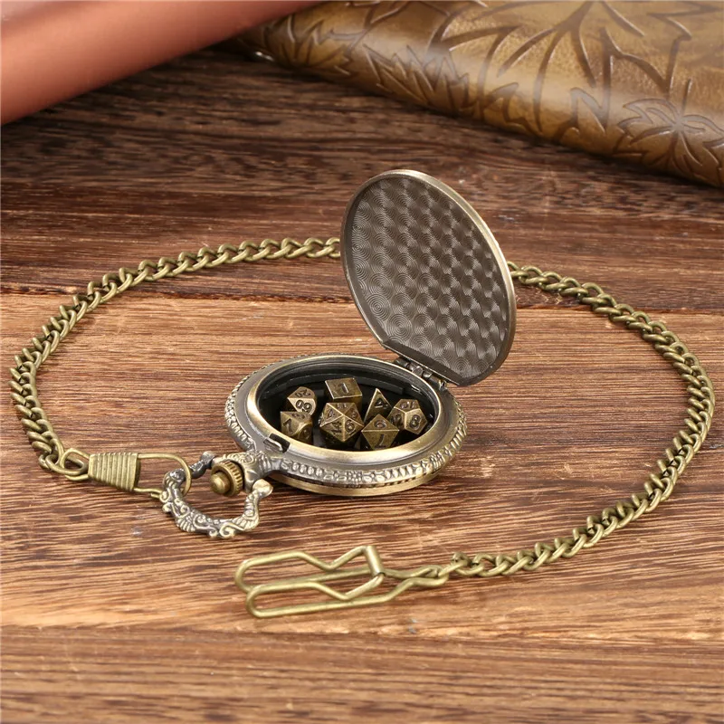 Antique 7pcs/set Metal Gaming Dice with Skull Pattern Pocket Watch Case FOB Chain Dragon Games Accessory Dices