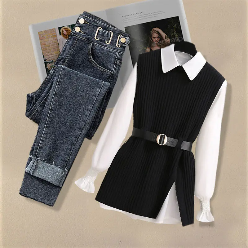 Large Autumn and Winter Suit for Women 2024 New Korean Fashion Knitted Vest Shirt Casual Slim Jeans Three Piece Set 6