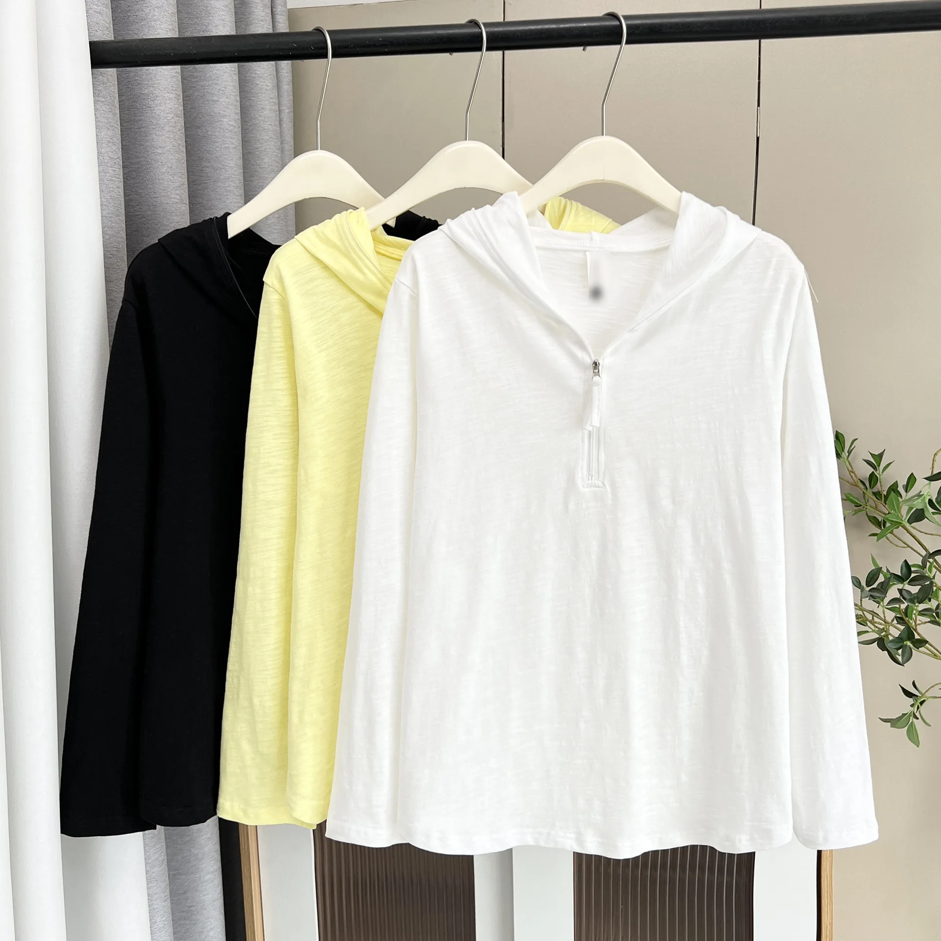 Fashion Plus Size Women's T-Shirt Autumn New Style Casual Half Open Collar Hooded Solid Color Tops 2557