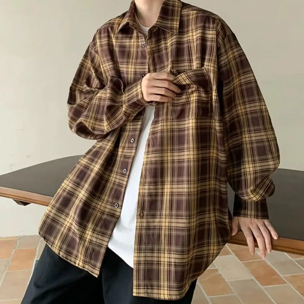 

Men Shirt Coat Retro Plaid Print Lapel Long Sleeve Shirt Jacket Loose Fit Shirt Single Breasted Pocket Men Casual Jacket