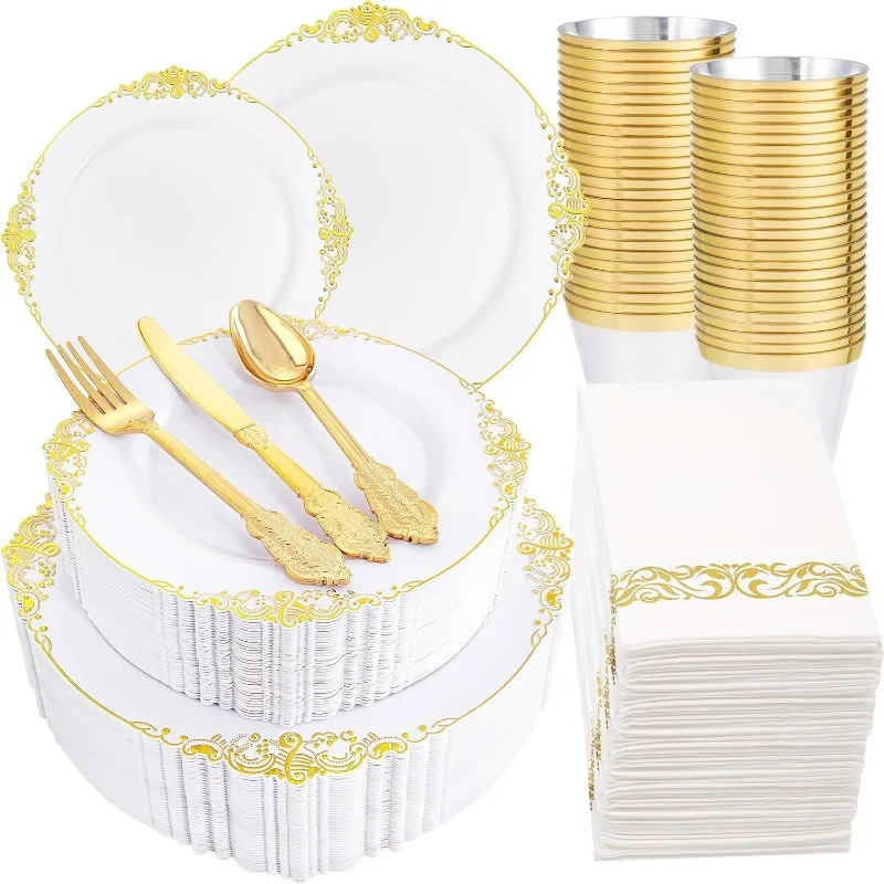 350PCS White and Gold Plastic Plates & Gold Plastic Silverware&Disposable Dinnerware Set-Include 50Dinner Plates