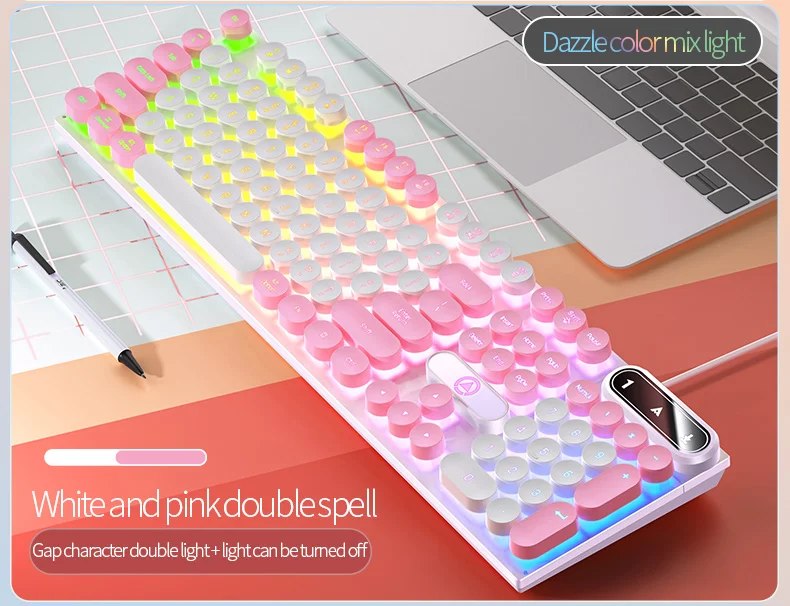 máquina de escrever redonda teclas teclado de jogos com fio teclado cor correspondência backlit computador periféricos para desktop portátil