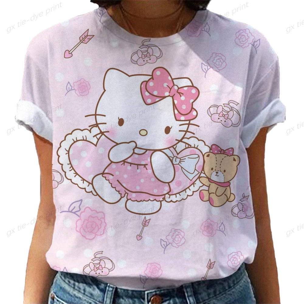 

Cartoon Tee Shirt Hello Kitty Print Women Short Sleeve Summer Spring Print Clothing Casual Fashion Graphic T-shirts Girls' Tee