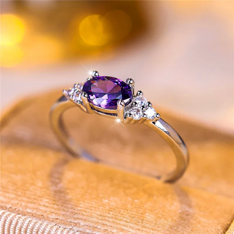 Luxury Female Purple Oval Zircon Stone Engagement Ring Trendy Silver Color Bride Wedding Jewelry Gift For Women