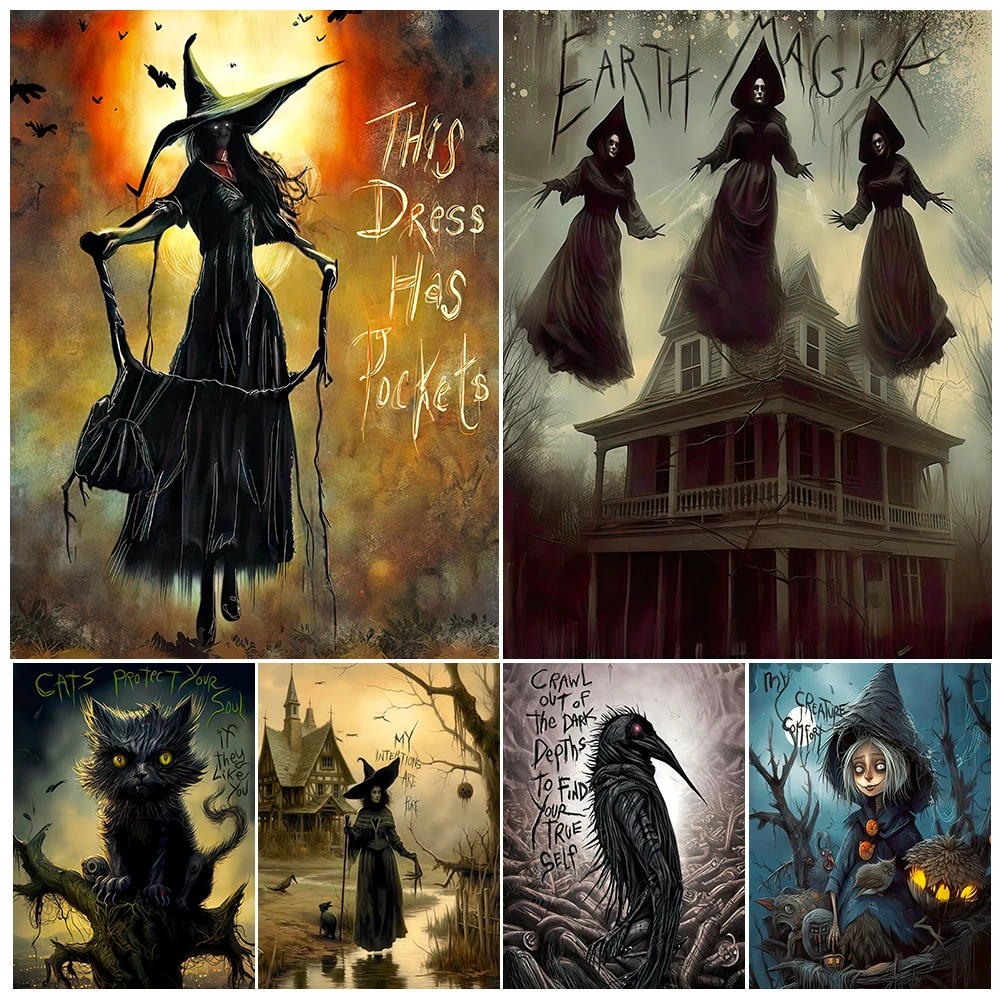 

The Witch House And The Terrifying Gothic Girl Vintage Wall Art Canvas Painting Witchcraft Element Art Poster And Print Decor