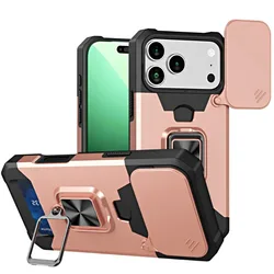 Magnetic Wallet Card Holder with Rotating Stand and Sliding Lens Cover - iPhone 15 Plus (Rose Gold)