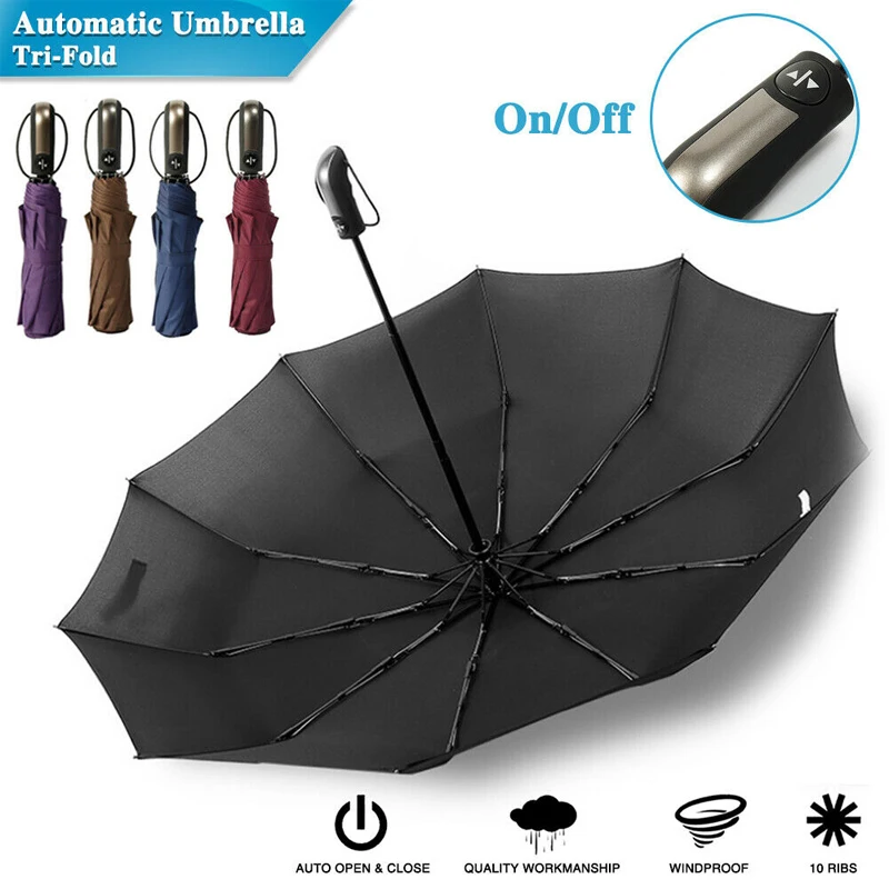 10 Bone Black Glue Fully Automatic Umbrella With Thick And Durable Keel Three Fold Umbrella UV Resistant Folding