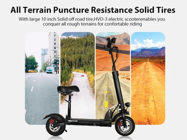 A foldable electric scooter with all-terrain suspension and solid tires, suitable for adults.