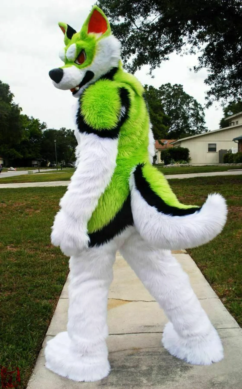 

Halloween Long Fur Green White Husky Dog Fursuit Mascot Furry Costume Dress New