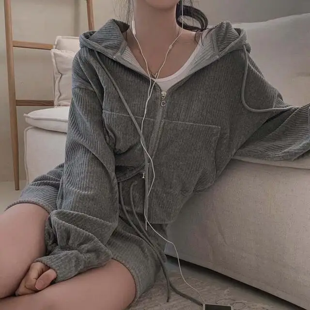 Korean CHic Corduroy Two-piece Skirt Sets Women Hoodie Crop Top Coats Bodycon Mini Skirt Autumn Winter New Outfits Casual Suit