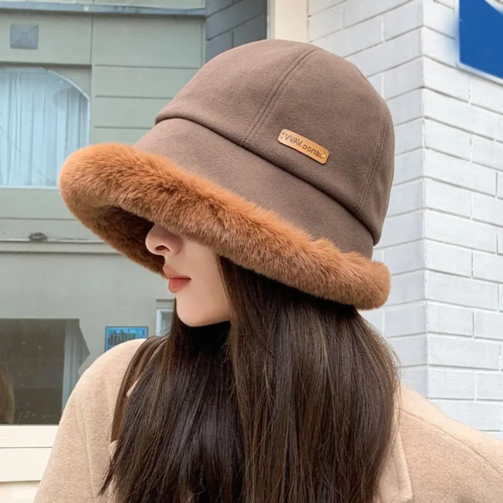 

Women Winter Fisherman Hat Thick Plush Short Brim Warm Windproof Hat Sunshade Dome Thickened Foldable Lady Cap Basin Hat