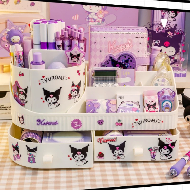 Pen Holder Kawaii Sanrio Kuromi Rotating Drawer Pen Holder Storage Box Organizer Large Capacity Desktop Cute Multi-functional Storage Rack
