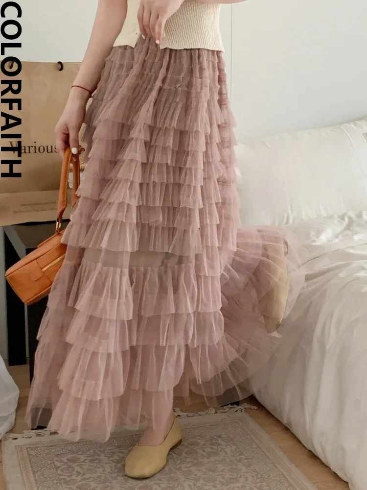 Colorfaith SK5267DG New 2023 Chic Tulle Pleated Vintage High