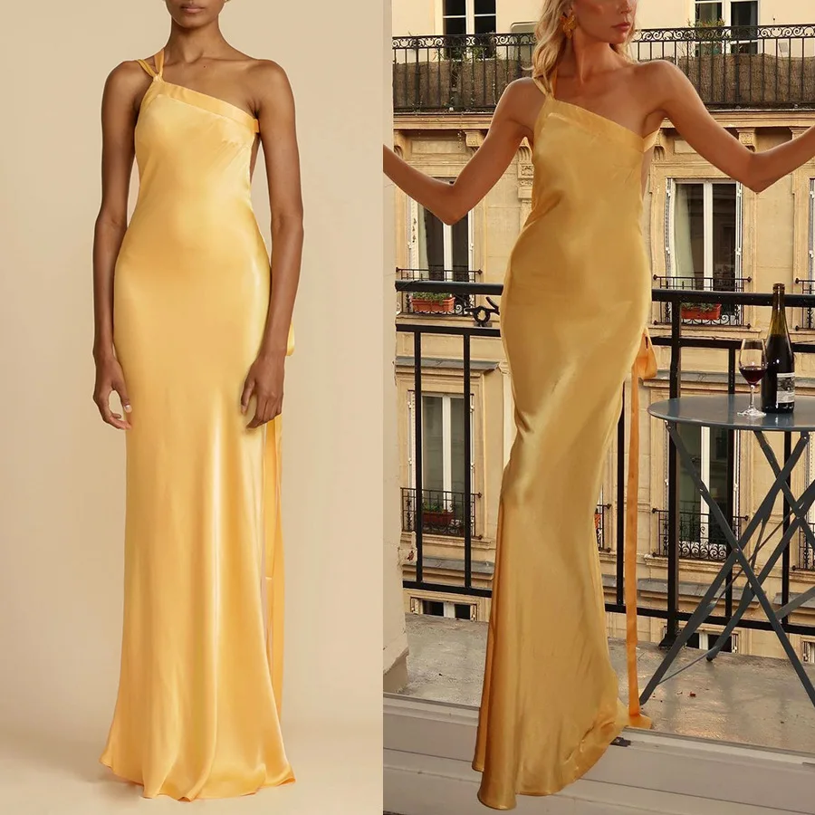 

Maxi Dress Women Sleeveless High Street Silk Elegant Robe Concise Girls Stunning Incline Shoulder Backless Evening Vestido