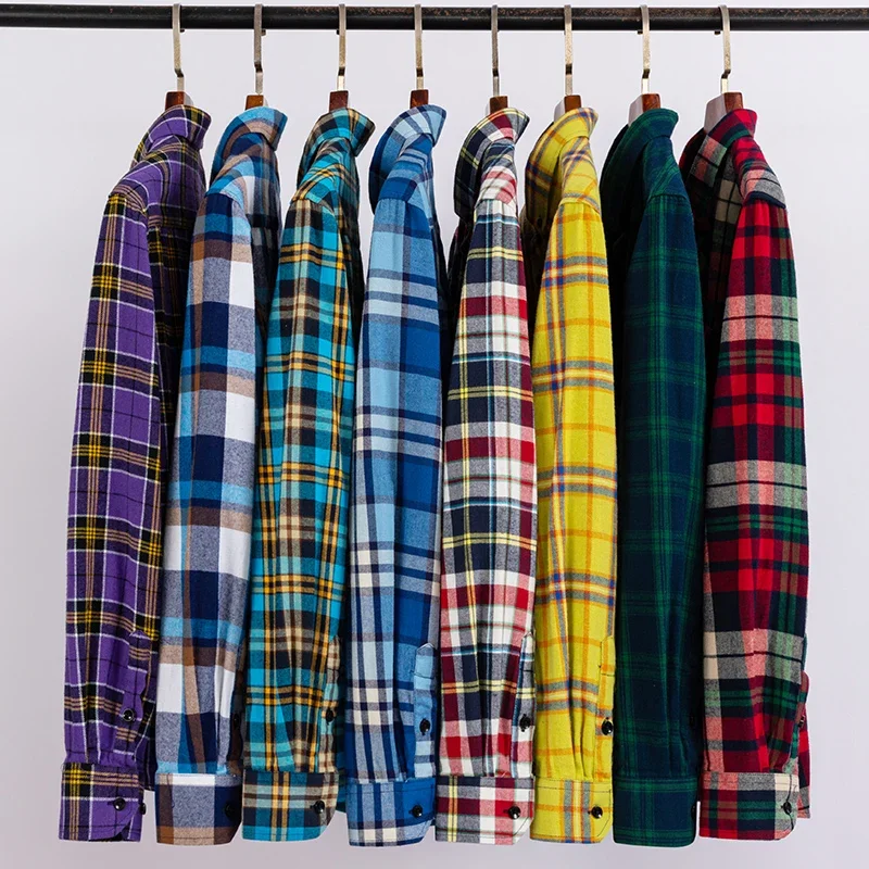 

Casual Standard-Fit Thick Flannel Shirt Plaid Shirts For Men Long Sleeve Pure Cotton Fashion Single Patch Pocket Design Young